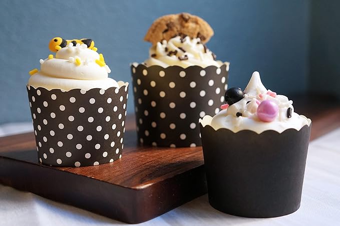 Paper Baking Cups (Polka Dots), Greaseproof Disposable Cupcake Liners (Black, Large Cups (50-Pack))
