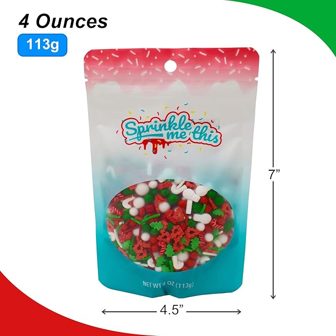 A Treat for St. Nick - 4 Oz Resealable Bag - Christmas Themed Sprinkles - Featuring Red, Green and White Pearls, White Candy Canes and Snowmen - Cake and Ice Cream Sprinkles