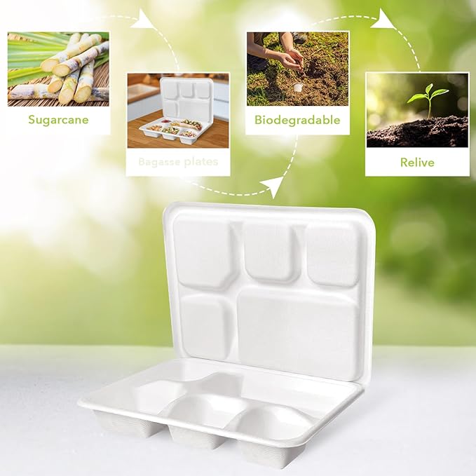 three leaf 5 COMPARTMENT MEAL TRAY WITH LID SET, 125 SETS. Heavy-Duty- Super Strong- Natural- Eco-Friendly Disposable Bagasse Tray with Plates, 100% Biodegradable Plates