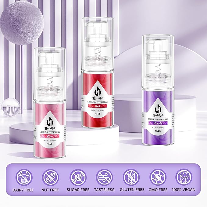 Edible Glitter Spray – 3 Colors Red, Pink, Purple Metallic Food Glitter for Cake, Cookies, Chocolate & Strawberry Decoration, 5g Each