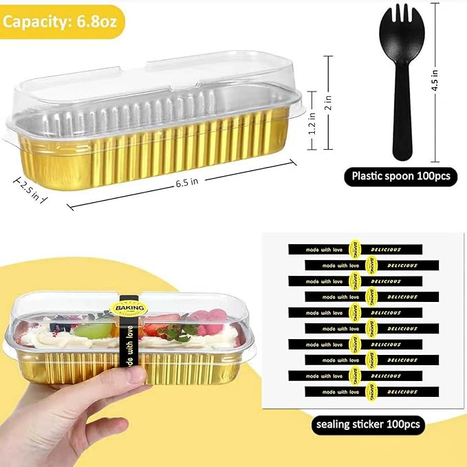 Mini Loaf Pans with Lids and Spoons Sealing Sticker,30 Pcs 6.8oz Cake Pans for Baking Disposable Aluminum Foil Christmas Cake Pan (30 PCS GOLD)