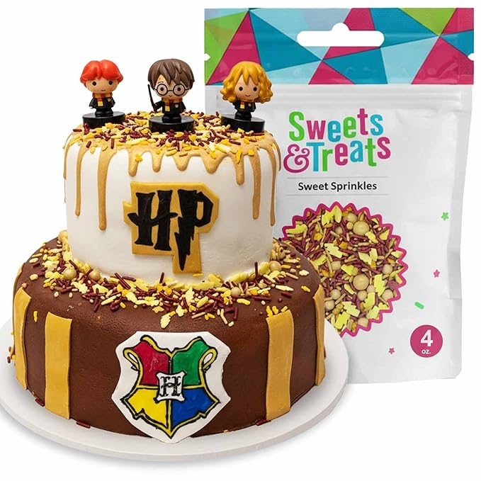Harry Potter Cake Decorations with Wizard Lightning Sprinkles, Maroon and Gold Jimmies, Nonpareils, Sugar Pearls, Lightning Bolt Quins - Harry Potter Sprinkles for Birthday Cake Decorating, Baking