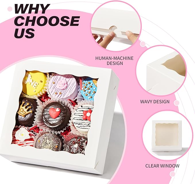 RomanticBaking 20PCS 6x6x2.5 Inches Elegant Bakery Boxes with Window,Ideal for Cookies,Chocolate Covered Strawberries, Cakes, Macarons, Truffles,and More,Easy to Assemble, Transparent Window,