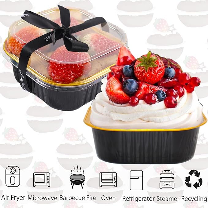 5oz Mini Cake Pans With Lids 50 Pack Aluminum Foil Square Brownie Baking Cups,Disposable Loaf Pans With Lids and Spoons Ribbon,Cupcake Pans Muffin Cake Tins Cake Container(Black)