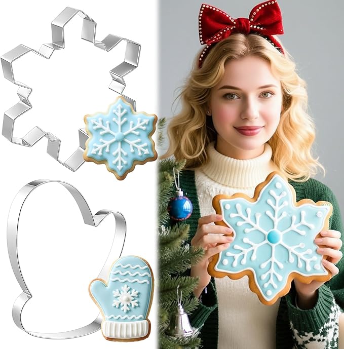 2 Pcs Extra Large Christmas Cookie Cutters 8" Giant Snowflake and Glove Stainless Steel Cookie Cutters for Winter Holiday Baking
