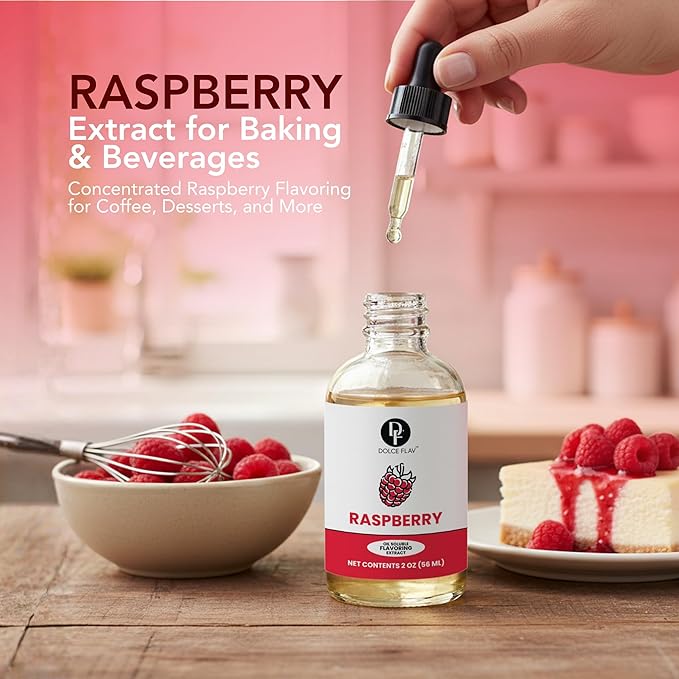 Dolce Flav Raspberry Extract – 2 Ounce Oil-Soluble Kosher, Sugar-Free, Concentrated Raspberry Flavoring for Chocolates, Candies & Baking, Includes Measured Dropper