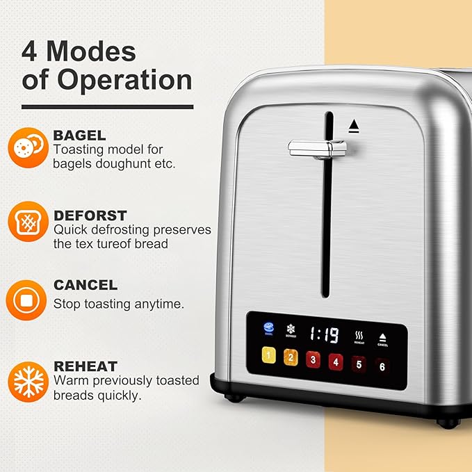 Touch Screen Toaster 2 Slice Retro Stainless Steel,Best Prime 2 Slice Toaster Wide Solt with 6 Shade Settings, Perfect for Waffles, Bagels and More 238TC(Silver)