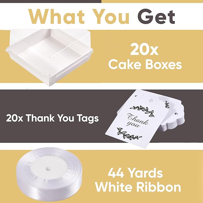 20 Pack 7x7x4 Cake Boxes with Clear Lids for 4-6 Inch Cakes, Treats or Desserts – Paper Bento Cake Boxes, Disposable Bundt Containers – Bakery Take Out Containers – To Go Square Packaging, White