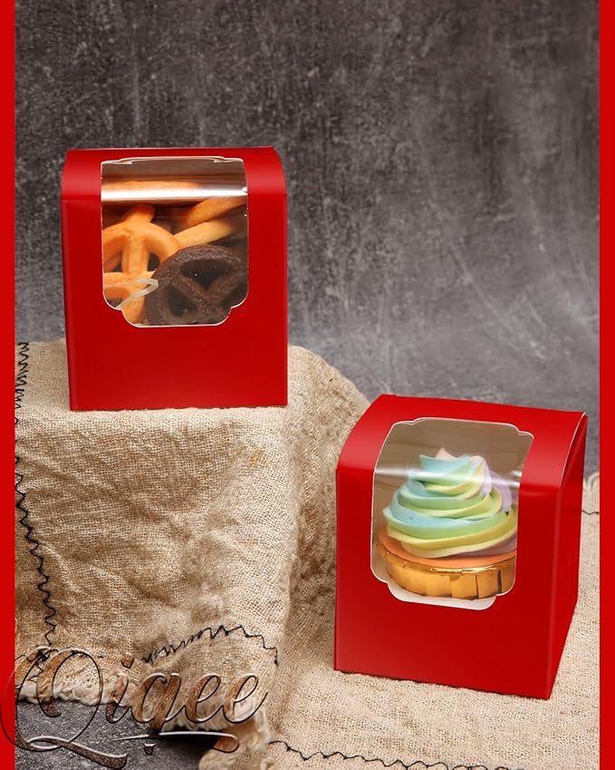 qiqee Red Cupcake Boxes Individual Cupcake Container 60pcs 3.5" x 3.5" x 3.5" Auto-Popup Single Cupcake Boxes (60 Boxes+60 Inserts)