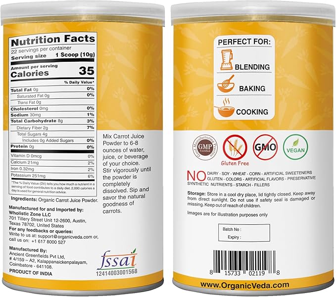Organic Veda Carrot Powder - Made with Whole Fresh Cold Pressed Carrot Juice Concentrate - Ideal for Juice, Smoothie, Baking & Cooking - 100% Pure & Natural, 8 oz