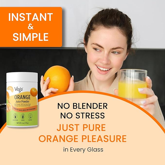 Vegs Orange Fruit Juice Powder - Freeze Dried & 100% Natural Orange Juice Concentrate - Flavoring Powder for Drinks, Smoothies & Baking - Sugar-Free, No Preservatives, Non-Gmo - 6 oz