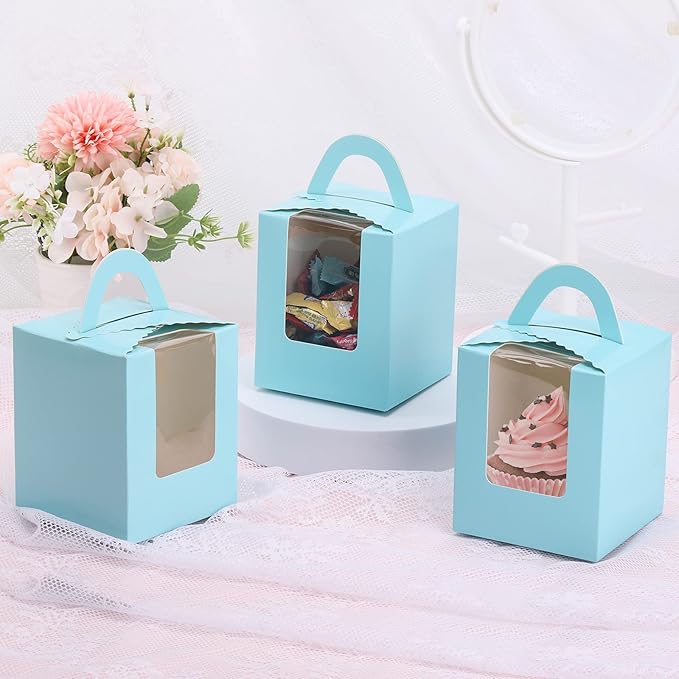 acDesign 100Pcs Cupcake Boxes 3.6in*3.6in*4.3in Single Cupcake Carrier With Window Handle and Inserts for Wedding Birthday Party Gift (Blue)