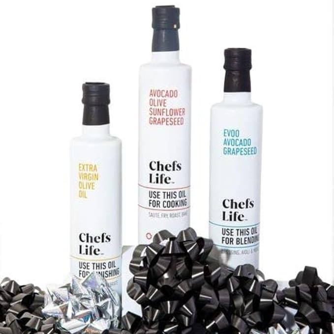 Chefs Life Cooking Oil, Blending Oil, & Finishing Oil 3 Pack - Extra Virgin Olive Oil, Avocado Oil, Cooking Oil Variety Pack, Gift Set for Dipping, Dressing, Cooking - 16.9 Fl Oz (3 Bottle Gift Set)
