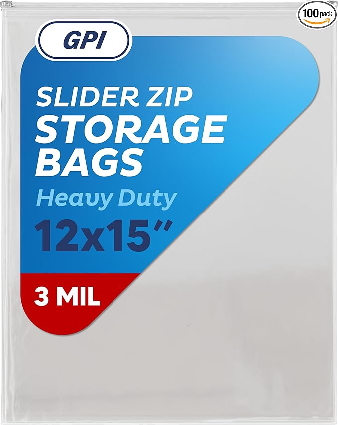 100 Count - Slider Zip 2 Gallon Jumbo Food Storage Bags, 12" x 15" 3 Mil Heavy Duty, Extra Large, Strong & Durable For Freezer Storage. GPI