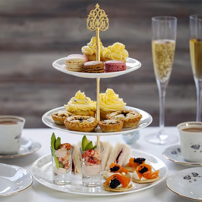 3 Tier 14" Heavy Metal Cake Stand Holder Fruit Plate Stand Fitting Hardware Rod with Stylus (Golden_New Crown)