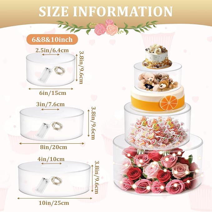 3Pcs Acrylic Cake Display Stand 6'' 8'' 10'' Round 3 Tier Clear Cylinder Cake Box for Wedding Birthday Party Decor(6 / 8 / 10 Inch)