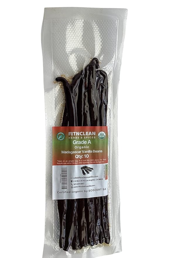 10 Organic Grade A Madagascar Vanilla Beans. Certified USDA Organic. 6"-7.5" for Extract, Paste, Essence and Baking by FITNCLEAN VANILLA. Bulk Bourbon Fresh NON-GMO Whole Gourmet Pods