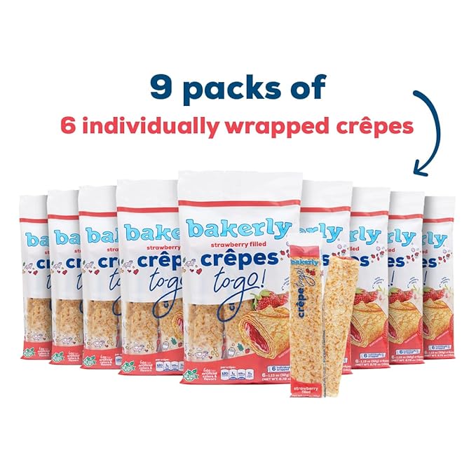 bakerly Strawberry Filled Crepes to go! Non GMO, Free from Artificial Flavors & Colors, Pack of 9, 6-Count (54 Total Crepes)