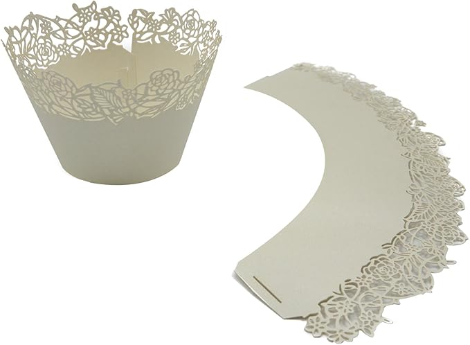 Cupcake Wrappers Pack of 50 Beige Filigree Artistic Bake Cake Paper Cups Little Vine Lace Laser Cut Liner Baking Cup Muffin Case Trays for Wedding Party Birthday Decoration -By KEIVA