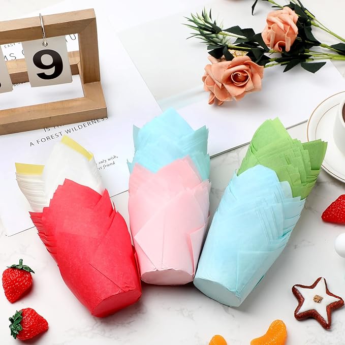 600 Pcs Tulip Cupcake Liners for Baking Muffin Liners Printed Baking Cups Holders Greaseproof Wrappers Decoration for Cupcake Bouquet Birthday Party Wedding Bride Shower (Colorful)
