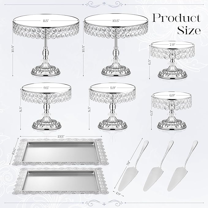 12-Piece Silver Cake Stand Set, Vintage Cake Stand with Crystal Edge and Cupcake Display Tray, Dessert Table Display Set for Wedding, Party, Baby Shower, Anniversary Celebration