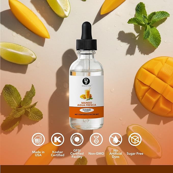 Dolce Flav Natural Mango Agua Fresca Extract, Water-Soluble – 2 oz | Tropical Ripe Mango Flavoring for Beverages, Desserts & Syrups – Sugar-Free, Kosher, Allergen-Free