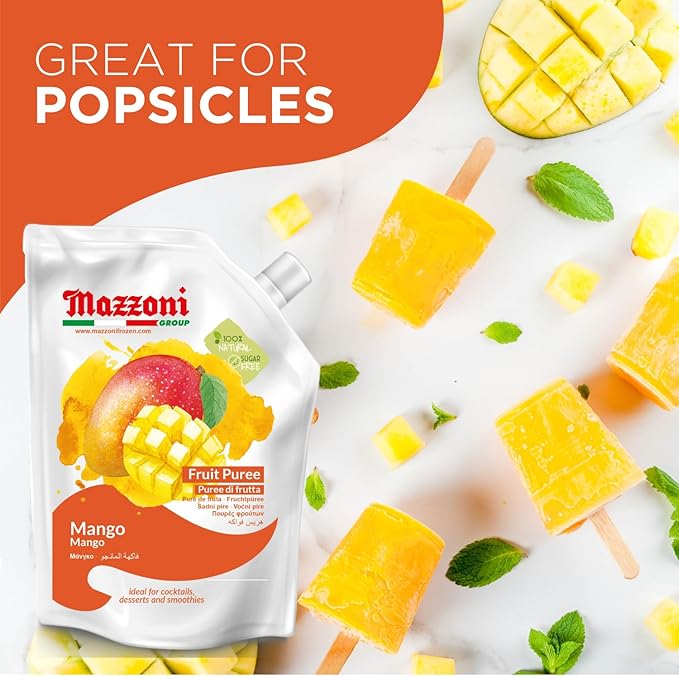Mazzoni Mango Puree, Juice, 100% Pure Mango Lassi, Just Fruit, Nectar, No Sugar Added, 2.2 lbs (35.2 oz) Real Fruit Mixer for Cocktails, Drinks, Smoothies Convenient Pouch, Made in Italy (Pack of 2)