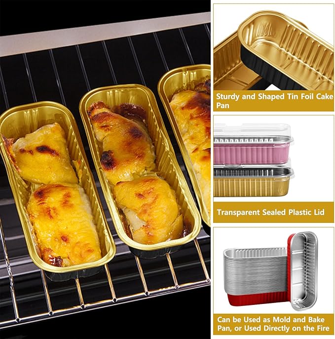 Ruckae 120 Pack Mini Loaf Pans with Lids and Spoons Stickers Disposable Aluminum Tin Foil Pans Rectangle Mini Loaf Cake Pan for Baking,Party,Picnics,Gifts(Mixed Color)