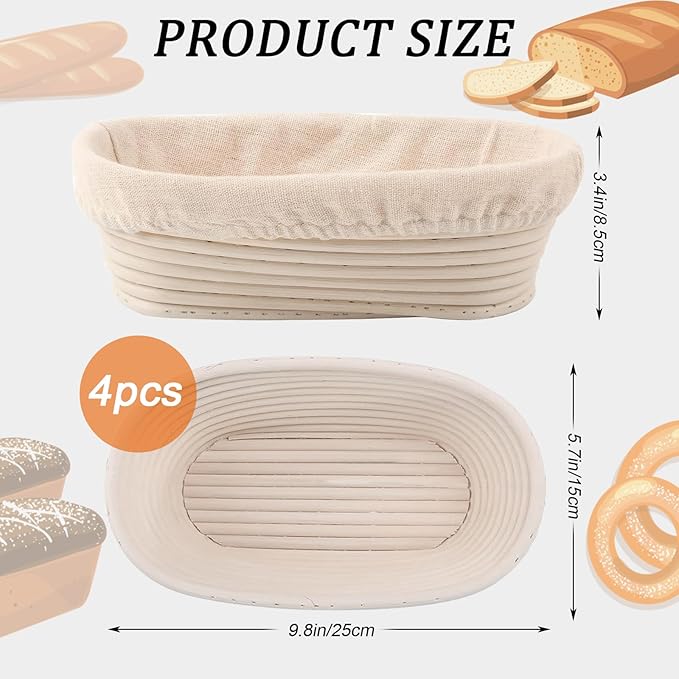 10 inch Oval Banneton Bread Proofing Basket Sourdough Bread Baking Supplies Set of 4 Sourdough Starter Kit Baking Gifts