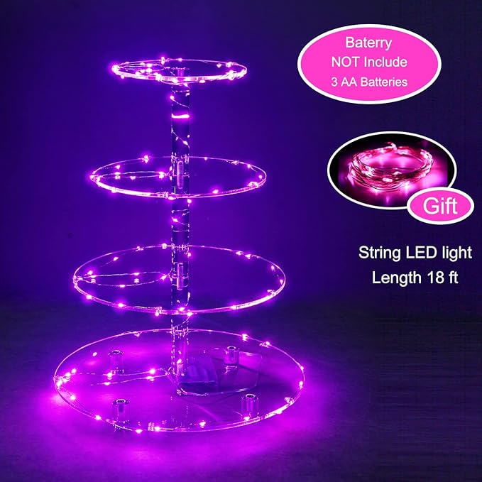 Cupcake Stand, 4-Tier Round Cupcake Holder with LED light String, Acrylic Cupcake Tower Display-Dessert Tower-Pastry Stand-Cupcake Tier Stand for Wedding, Birthday party ( Pink Light)