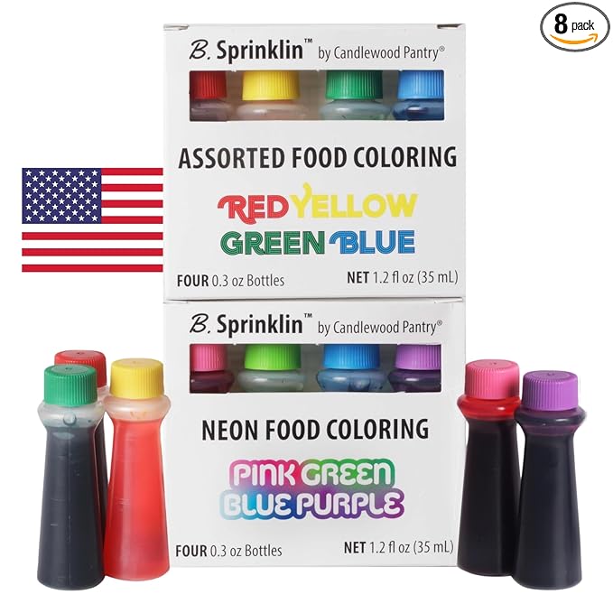 Candlewood Pantry B. Sprinklin Assorted Liquid Food Coloring Kit, 8 Bottles, 0.3 fL Oz/Neon and Regular (4) Colors - Vibrant Food Dye for Slime Crafts, Eggs, Frosting and Cake Decorating
