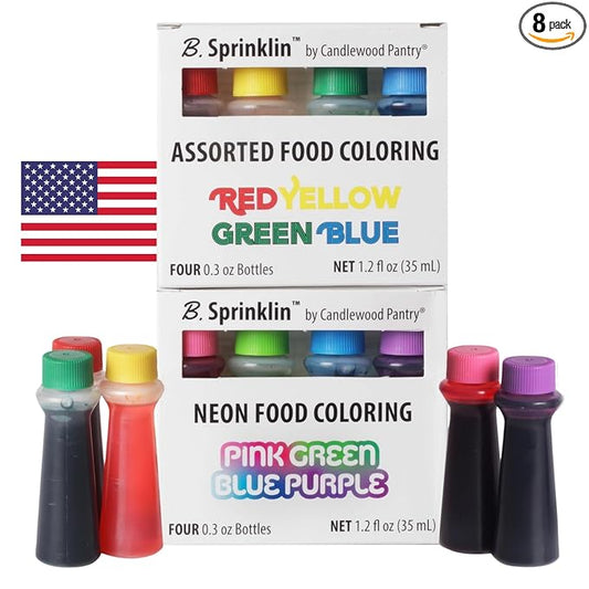 Candlewood Pantry B. Sprinklin Assorted Liquid Food Coloring Kit, 8 Bottles, 0.3 fL Oz/Neon and Regular (4) Colors - Vibrant Food Dye for Slime Crafts, Eggs, Frosting and Cake Decorating