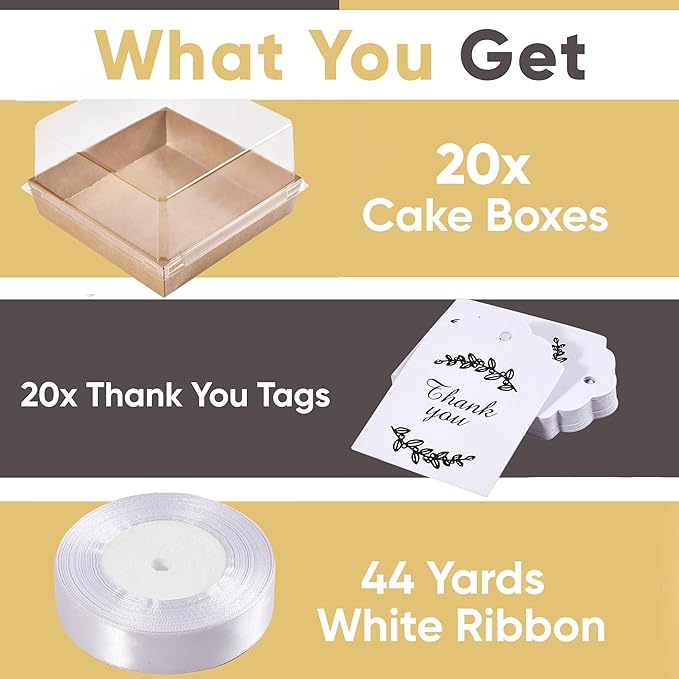 20 Pack 7x7x4 Cake Boxes with Clear Lids for 4-6 Inch Cakes, Treats or Desserts – Paper Bento Cake Boxes, Disposable Bundt Containers – Bakery Take Out Containers – To Go Square Packaging, Brown