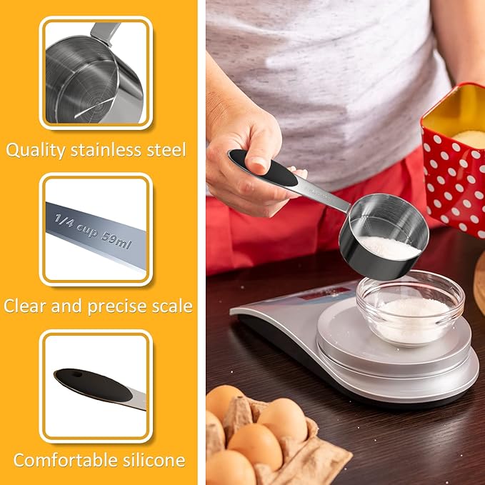 1PCS 1/4Cup (59ml, 2oz) Single Measuring Cup with Black Silicone Grip, Stainless Steel Individual Measure Scoop Only