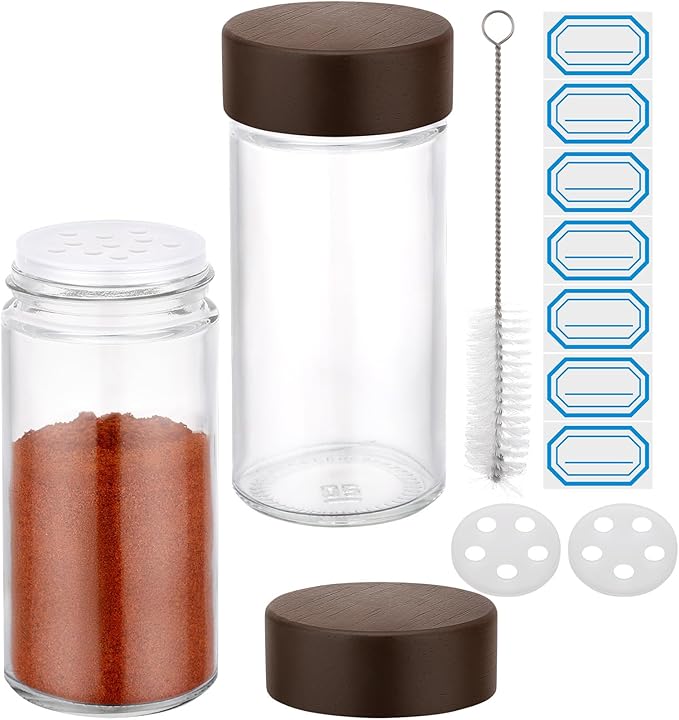 Segarty 3oz Spice Jar with Wood Lids, 2 PCS 90ml Glass Round Salt Jars with Shaker Lid, Clear Empty Seasoning Containers Spice Bottles Sugar Pepper Shakers, Small Storage Jar with 7 Stickers, 1 Brush