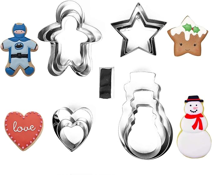NewlineNY Cookie Molds Cutters Sets: Stainless Steel 13 Pieces Cookie Mold Biscuit Pastry Cutter Set, Man, Star, Heart, Snowman & a Cutter Blade