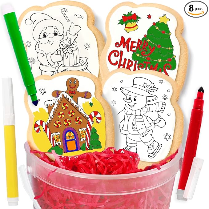 Christmas Cookie Decorating Kit Gift For Kids | 4 Jumbo Cookies + 3 Edible Markers | Holiday Coloring Activity