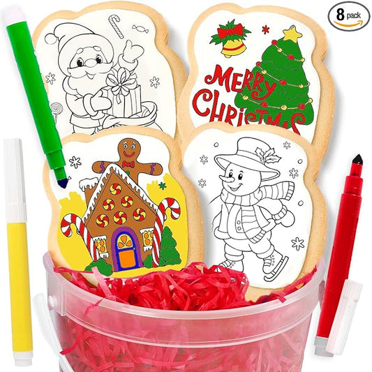 Christmas Cookie Decorating Kit Gift For Kids | 4 Jumbo Cookies + 3 Edible Markers | Holiday Coloring Activity