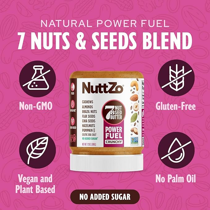 NuttZo Natural Power Fuel 7 Nuts and Seeds Butter, Crunchy, Paleo and Keto Friendly, Peanut and Gluten Free, Kosher, No Added Sugar or Oil, 12 oz Jar, 6 Pack