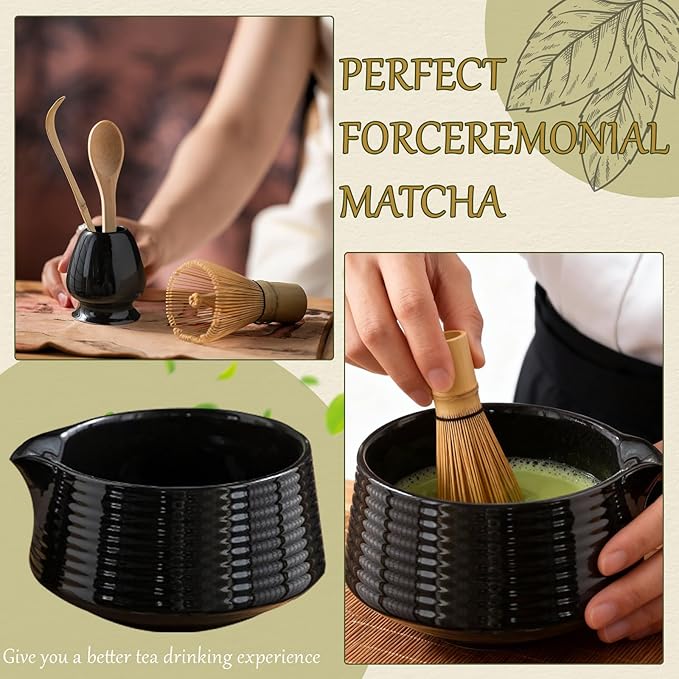8 Pcs Matcha Whisk Set Chasen Matcha Whisk Bamboo Bowl with Spout Sifter Spoon Scoop Whisk Holder Bamboo Mat Complete Matcha Making Kit (Black)