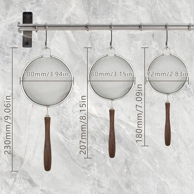 3 Set Mesh Strainer for Kitchen, Colander Skimmer 304 Stainless Steel with Wooden Handle, Sieve Sifters for Food, Tea, Rice, Oil, Noodles, Fruits, Vegetable