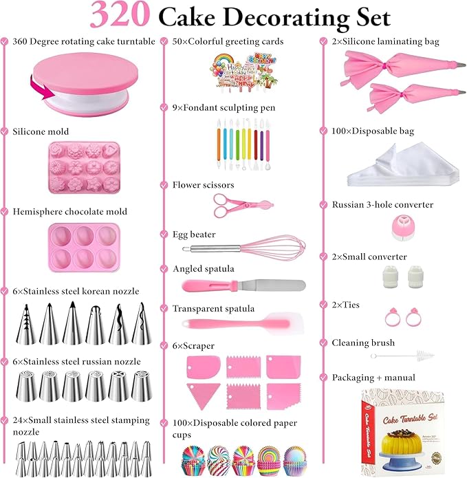 Cake Decorating Kit,Piping Bags and Tips Set,Cake Decorating Supplies,Frosting Piping Kit,Cake Baking Supplies for Beginners (320PS)