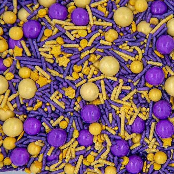 Lakers Purple and Gold Sprinkles for Cake, Cookie, Cupcake Decorating, and Baking - Lakers and Mardi Gras Cake Decorations in Purple Jimmies, Nonpareils, Sprinkles with Chocolate Balls