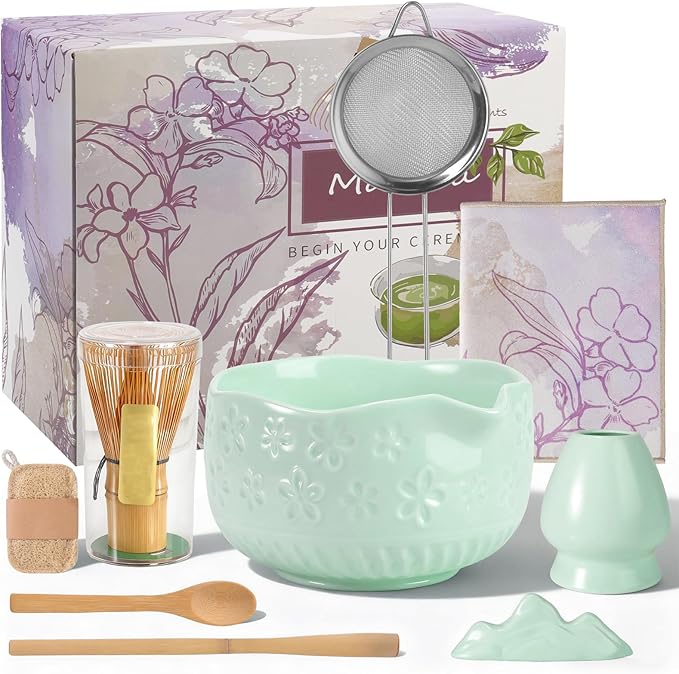 Matcha Set, 9 Pcs Ceramic Matcha Set Includes Bowl, Whisk and Holder, Bamboo Scoop, Scoop Rest, Sifter and Tea Towel ect- Complete Kit for Traditional Matcha, Modern Lattes (Green)