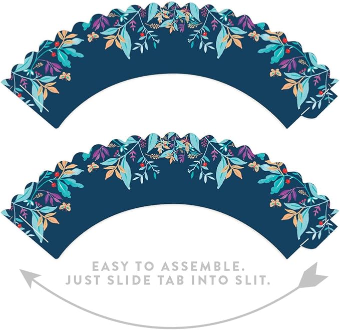 Andaz Press Party Cupcake Wrapper Decorations, Bohemian Vintage Aqua Floral Flowers on Navy Blue, 24-Pack, For Girls 1st Birthday Baby Bridal Shower Tea Party Themed Decorations