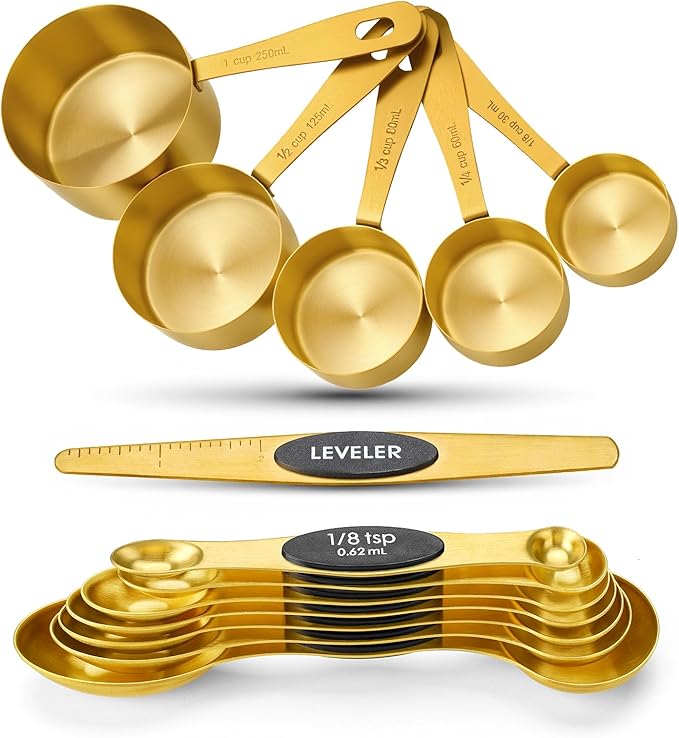 Gold Measuring Cups and Spoons, Set of 13, Including 8 Dual Sided Magnetic Measuring Spoons set with Leveler, 5 Measuring Cups, Stainless Steel Kitchen Gadgets for Liquid & Dry Ingredients