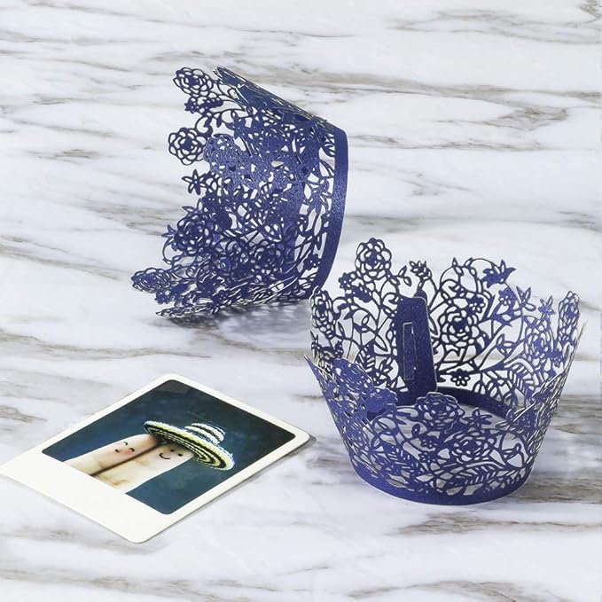 YOZATIA 60pcs Navy Blue Rose Lace Cupcake Wrappers Holders, Laser Cut Cupcake Liners Decorative Liners for Wedding Party Birthday Cake Decoration Supplies