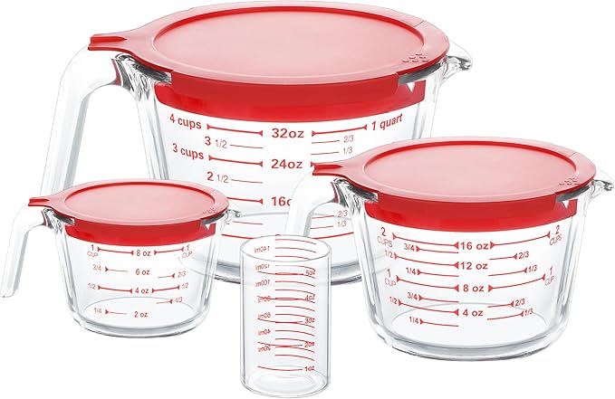 KOMUEE 4 Piece Glass Measuring Cups Set, 5 Oz, 1-Cup, 2-Cup, 4-Cup Liquid Measuring Cups with Lids for Kitchen, Freezer and Microwave Safe