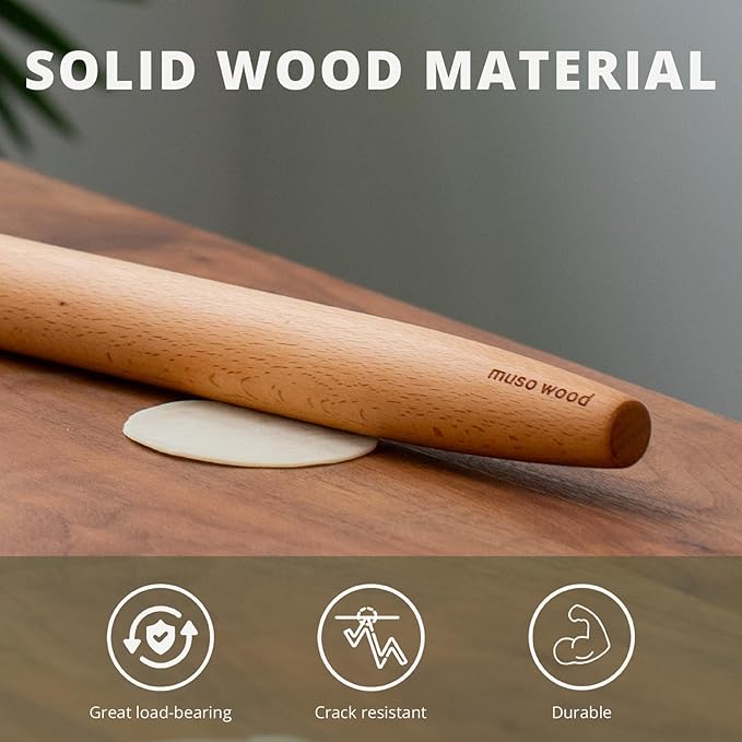 Muso Wood French Rolling Pin and Silicone Baking Mat Set, 15.75 Inch Beech Wood Tapered Rolling Pin for Fondant Pie Crust Cookie Pastry