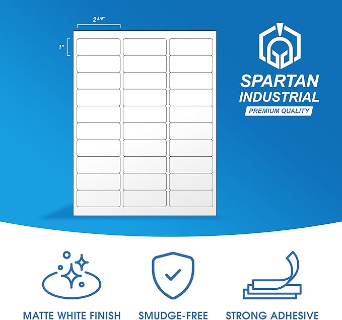 2 5/8" X 1" Matte White Printable Labels for Inkjet and Laser Printers - 250 Sheets, 7500 Total Custom Stickers for Address Labels, Mailing, Barcodes - Spartan Industrial Template R007